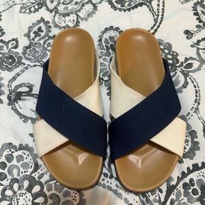 Rothy's Navy and Cream Crossband Slide Sandals